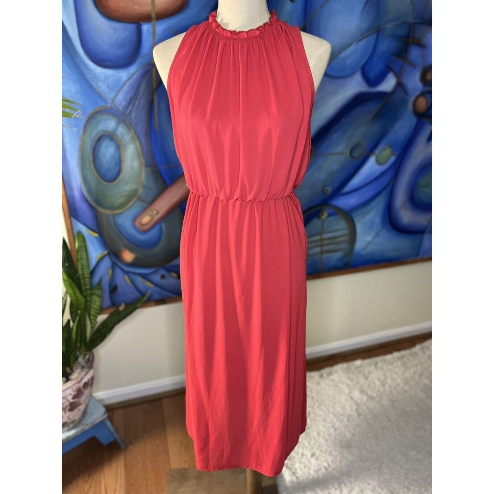 Womens Orange Maxi Dress Round ruched neck Cut-out back Sleeveless Tie Back